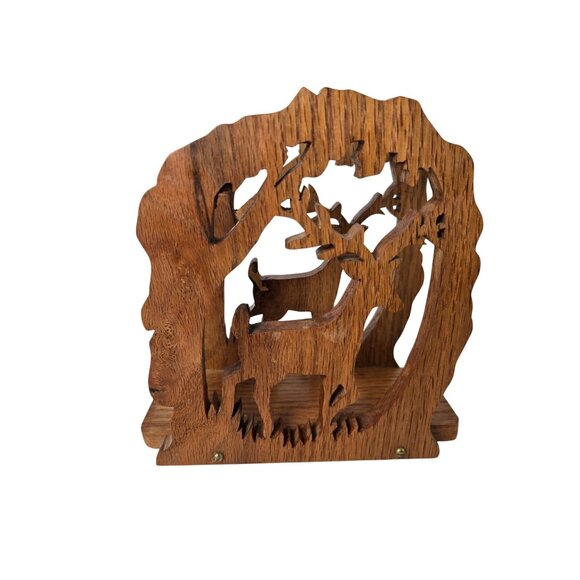 Vintage Hand-Carved Wooden Deer in Forest Napkin or Letter Holder - Picture 3 of 5